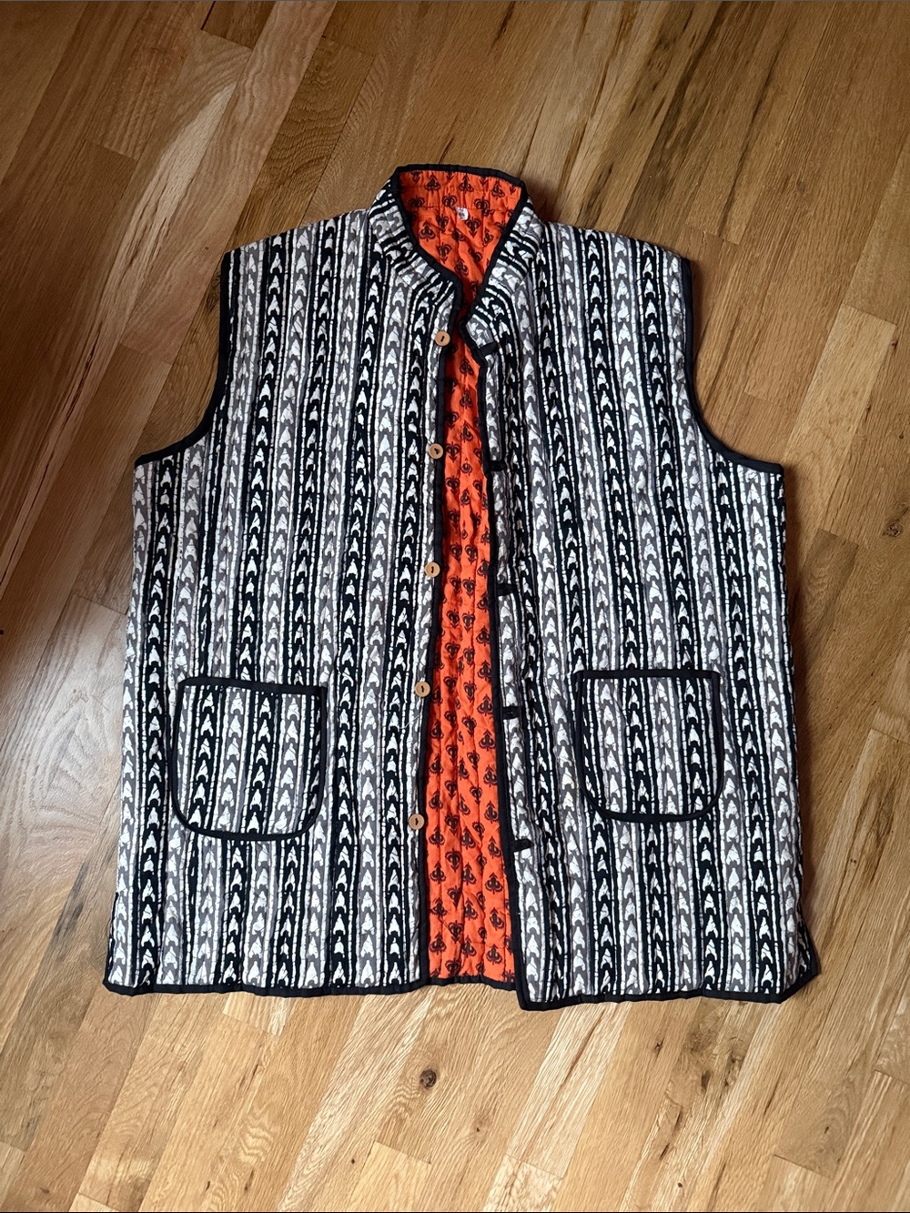 Kantha Quilted Patterned Black, White & Orange reversible vest